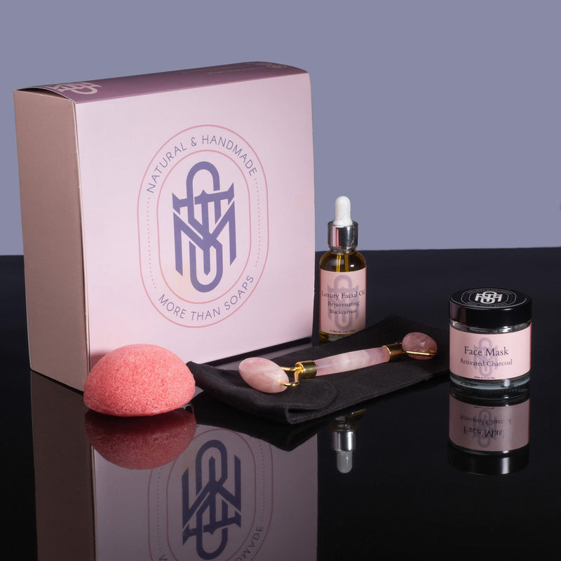 Beauty gift set UK, Rose Quartz facial roller, rose konjac cleansing sponge, facial oil  and face mask 